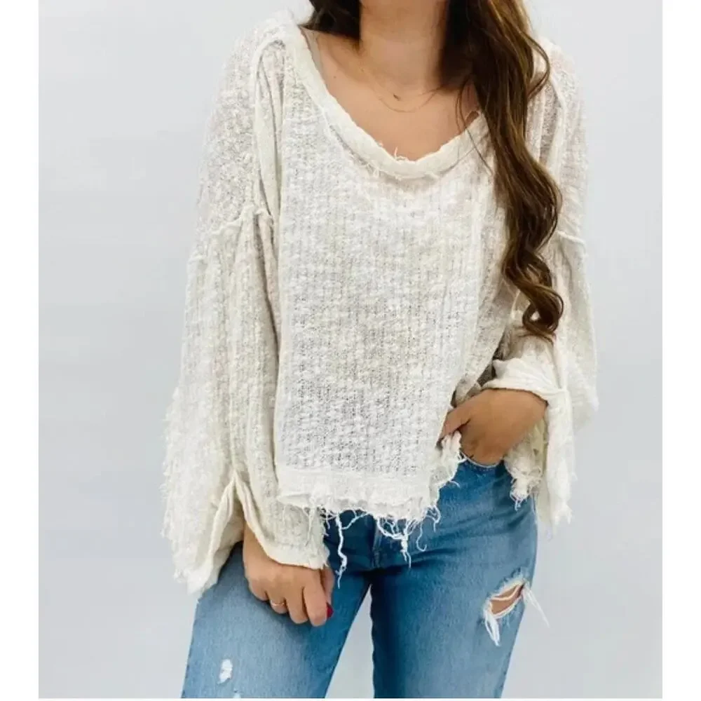 Free People white thin sheer knit raw hem oversized top
